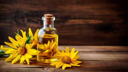 Arnica essential oil on wooden background. Generative AI,