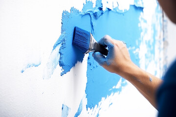 Painter painting blue paint on white wall