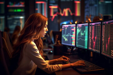 Business woman analyzing finances, analyzing data on trading screen - obrazy, fototapety, plakaty