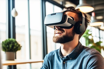 Excited man watching headset VR virtual reality in office - obrazy, fototapety, plakaty