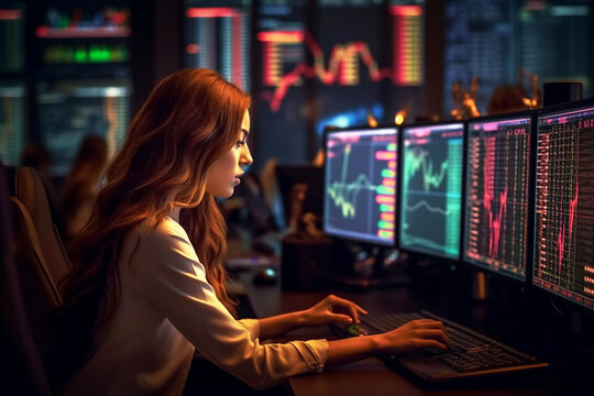 Business woman analyzing finances, analyzing data on trading screen