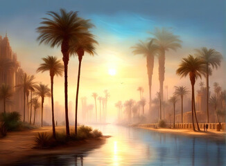 Palm trees at sunset - Created with Generative AI Technology