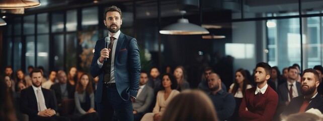 Businessman giving speech using microphone to the crowed. - obrazy, fototapety, plakaty