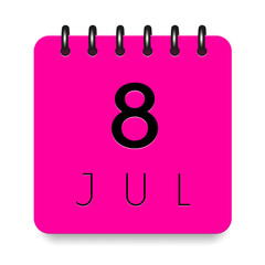 8 day of the month. July. Pink calendar daily icon. Black letters. Date day week Sunday, Monday, Tuesday, Wednesday, Thursday, Friday, Saturday. Cut paper. White background. Vector illustration.