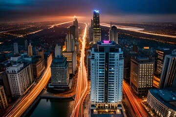 Obraz premium Tall Buildings in the city at night.
