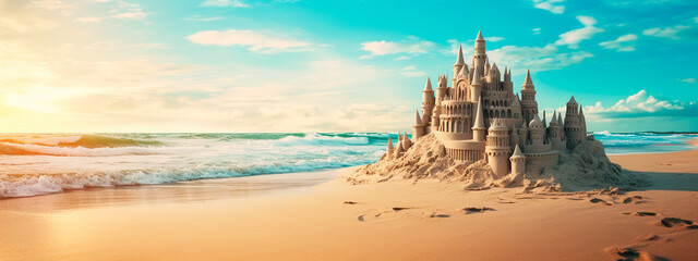 Sand castle on the seashore. Generative AI, - obrazy, fototapety, plakaty