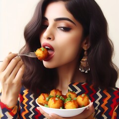 Une femme indienne qui goûte un repas épicé