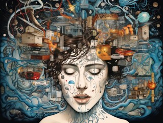 illustration that depicts the complex and enigmatic realm of a schizophrenic patient's mind, symbolizing their unique experiences, struggles, and perceptions Illustration Generative AI