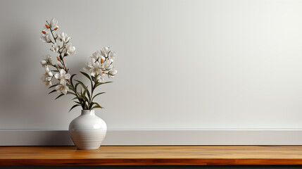Elegant White Orchids in a Ceramic Vase on a Wooden Floor Against a Plain Wall
