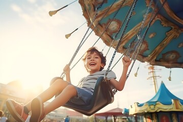 child boy having fun on swing in amusement park - obrazy, fototapety, plakaty