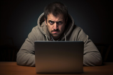 Frustrated man glares at modern computer