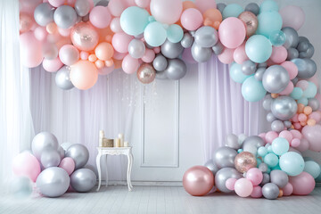 Party festive birthday photozone with pink and blue balloons