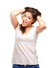 Fototapeta premium Portrait, woman and hands in crazy hair with confidence, happiness and beauty in white background or studio. Messy, hairstyle and face of person excited for salon, treatment or scratching head