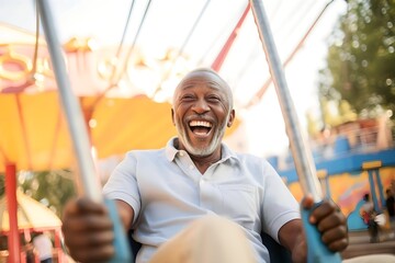 Obraz premium Senior man having fun on swing in amusement park