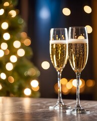 two glasses of champagne on a table with a Christmas tree in the background.