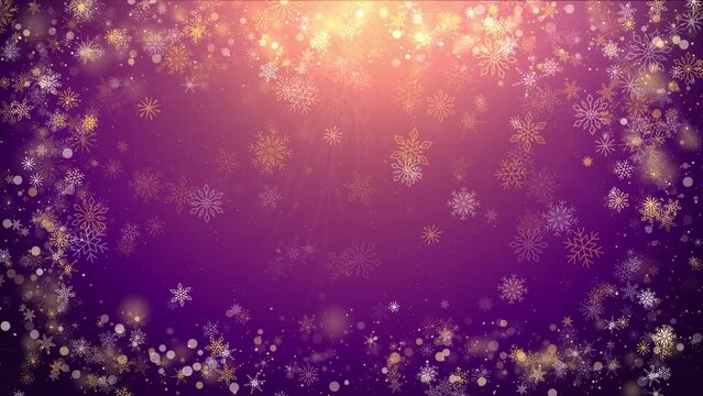Subtle falling snowflakes animation. Wintertime fleck freeze particles. Purple Christmas background with yellow glow. New Year festive frame made of snowflakes. Loop.