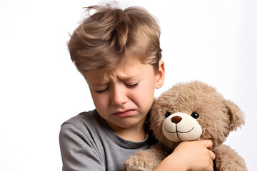 Portrait of beautiful crying little boy hugging teddy bear. Desperate facial emotion