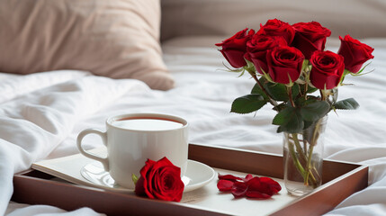 Cup of coffee and roses in bed. Generative AI, - obrazy, fototapety, plakaty