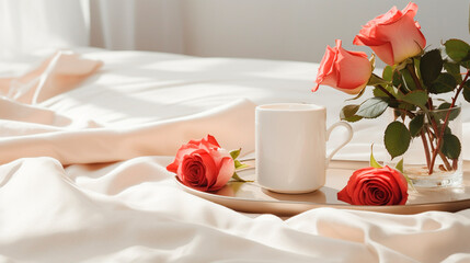 Fototapeta na wymiar Cup of coffee and roses in bed. Generative AI,