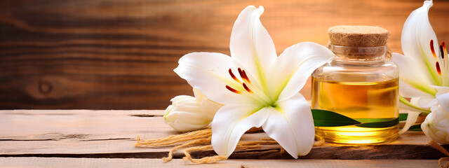 Fototapeta premium Cosmetic lily oil on a wooden background. Generative AI,