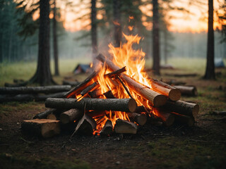 Bonfire in the forest at morning twilight.  Low angle view to Burning firewood in the forest at dusk.  Campfire in the forest at sunrise. Camping concept. Enjoy a Relaxing Morning in the Forest, A Nat
