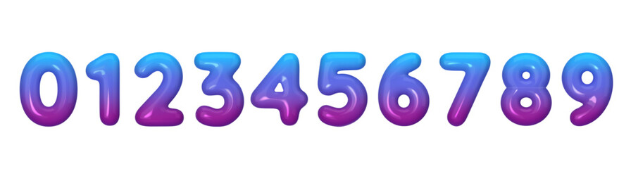 3D plastic numbers, gradient from blue to purple. Collection of glossy numbers from 0 to 9. Vector 