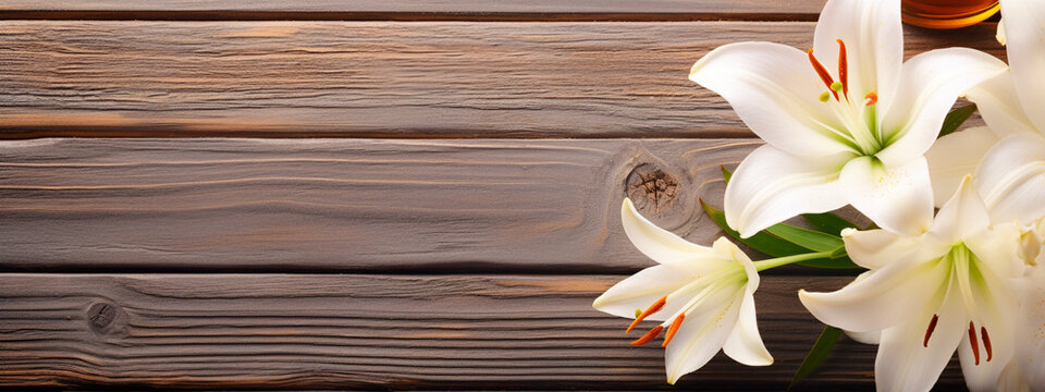 Lily flowers on a wooden background. Generative AI,