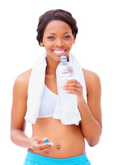 Black woman, fitness and water with portrait and smile from sport, workout and training in studio. Happy, healthy and African female athlete with wellness and drink after gym with white background