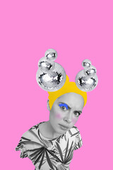 Collage composition of funky personage girl with painted makeup blonde hair cartoon image with...