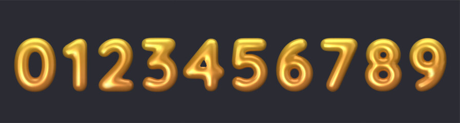 3D plastic golden numbers. Collection of glossy color numbers from 0 to 9. Vector illustration