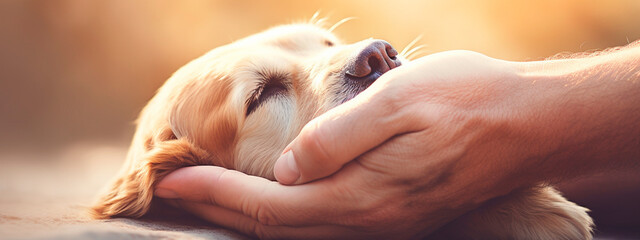 A man strokes a dog head. Generative AI,