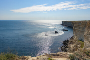 Cape Tarkhankut on the Crimean peninsula. The rocky coast of the Dzhangul Reserve in the Crimea....