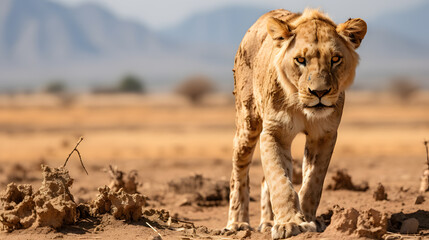 A Liger, with a barren desert as the background, during a scorching mid-afternoon
