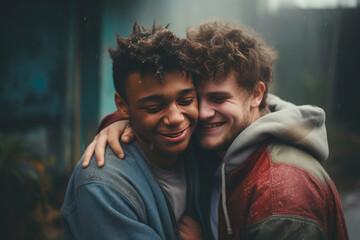 Obraz premium Brotherly Bond: Young Men in an Affectionate Hug