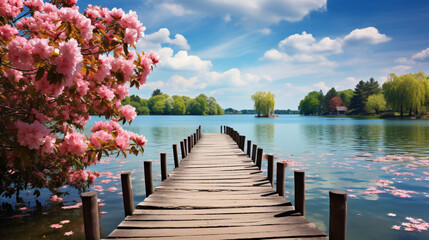A wooden pier at  spring with lake - obrazy, fototapety, plakaty