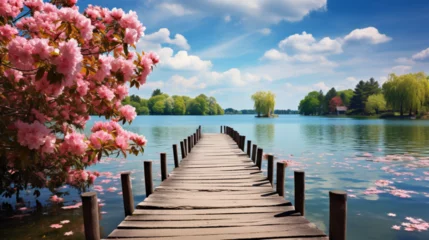Tuinposter A wooden pier at  spring with lake © Love Mohammad