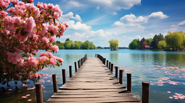 Fototapeta A wooden pier at  spring with lake
