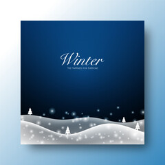 Winter night scene with glowing snowflakes background for banner square design template for place text advertisement.
