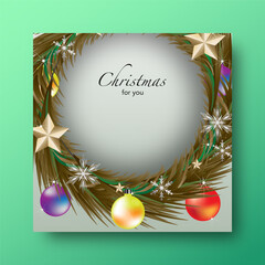 Christmas branch banner and Christmas ball background on square design template for place text advertisement.