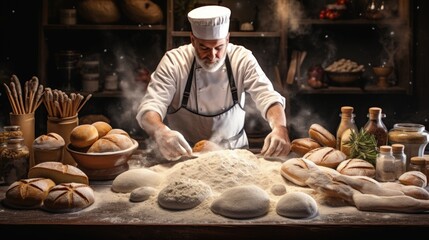 Young Hispanic chef wearing aprong uniform making bread bakery in bakehouse, baker worker man standing in kitchen preparing breads for customer, small business owner baking, food industrail business - obrazy, fototapety, plakaty