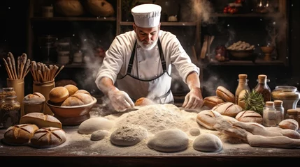 Photo sur Aluminium Boulangerie Young Hispanic chef wearing aprong uniform making bread bakery in bakehouse, baker worker man standing in kitchen preparing breads for customer, small business owner baking, food industrail business