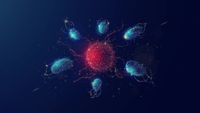 Abstract Animated Illustration of an Immune System Cells Fighting Virus Disease made of Neon Particles. 4K Looped Motion Graphic Background