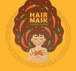 Packaging design for hair product with cayenne pepper ingredients, cute brunette woman with curly hair cartoon illustration for cosmetics label, for hair mask or shampoo isolated on bright background