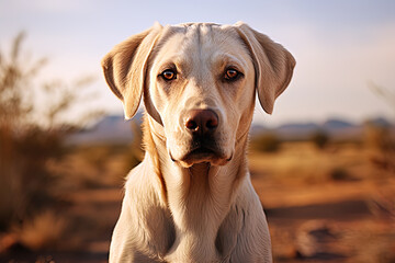 Portrait of a white Labrador retriever on a nature, cropped photo, natural light. Ai art