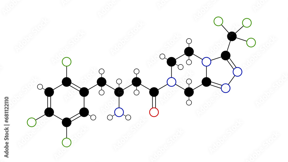 Sticker sitagliptin molecule, structural chemical formula, ball-and-stick model, isolated image januvia