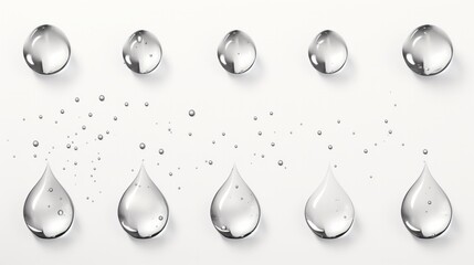 Set with many water droplets isolated on white background