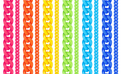 Set of rainbow colored plastic chains vector illustration isolated on white background, colorful modern bijouterie design, solid colors plastic chains, red yellow, blue green jewelry concept