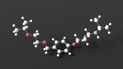 bisoprolol molecular structure, beta blocker, ball and stick 3d model, structural chemical formula with colored atoms