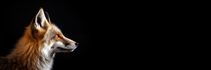 Portrait of a red fox on black background. Minimalistic style, banner image.