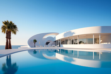 Exterior of modern minimalist white villa with pool. A luxurious house with curved shapes, located on the coast of the ocean. An example of modern architecture and design. Generative AI.